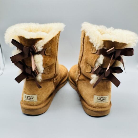UGG Boots Womens 8 Brown Suede Fur Bailey Ribbon Bow Short Shearling Classic - Picture 7 of 11